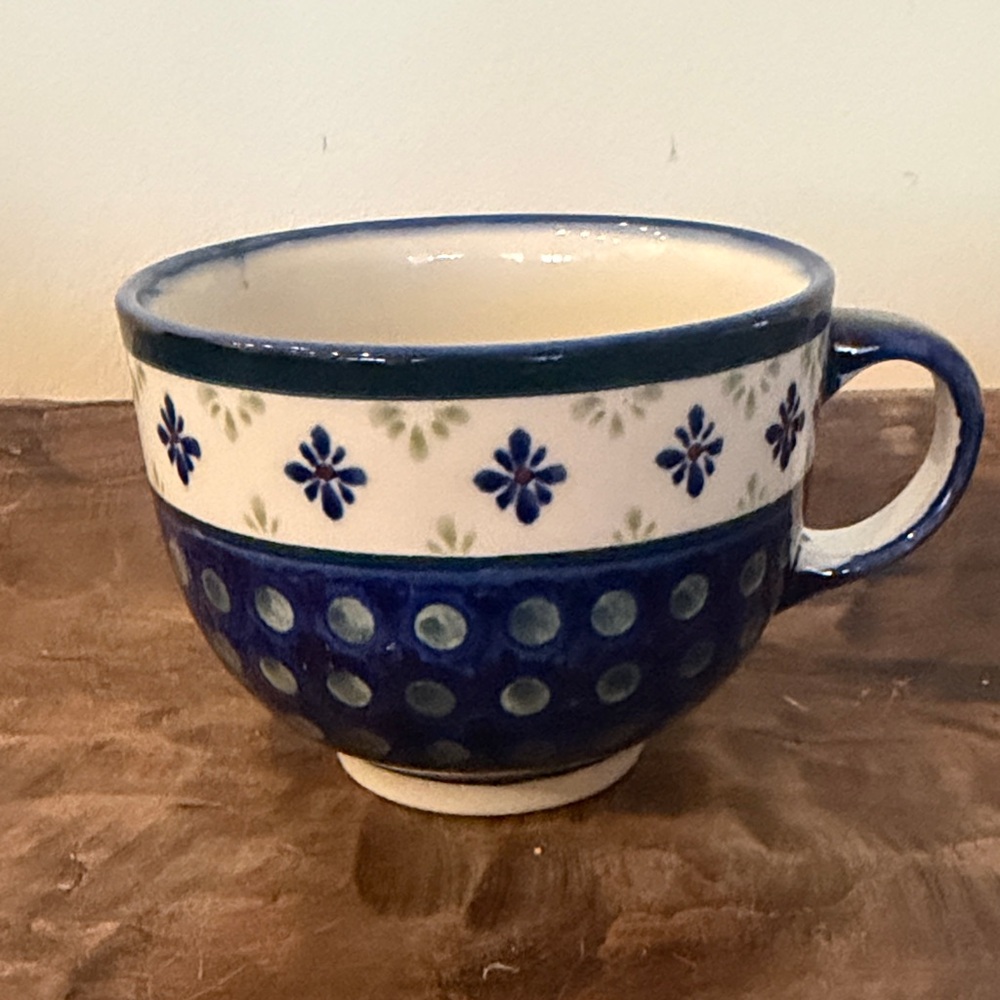 Polish Pottery Blue and White Floral Ceramic Mug